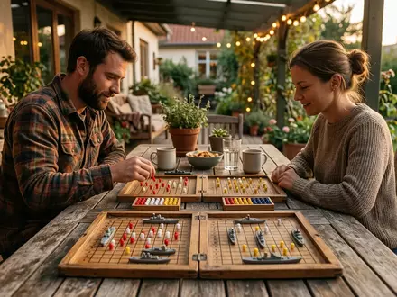 Fotorealistische Aufnahme von Strategiespiel auf der Terrasse zum Thema Battleship, warmes Abendlicht - Foto: THN