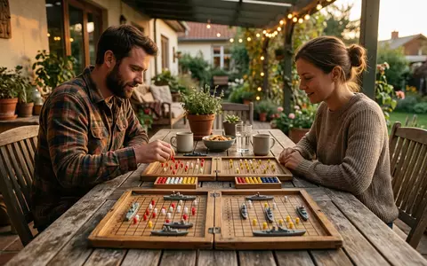 Fotorealistische Aufnahme von Strategiespiel auf der Terrasse zum Thema Battleship, warmes Abendlicht - Foto: THN