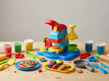 Fotorealistische Studioaufnahme von Knetset zum Thema Play-Doh Küchenmaschinen-Set Knete, klare Lichtfuehrung, sachlich dargestellt - Foto: THN
