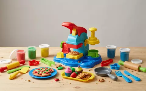 Fotorealistische Studioaufnahme von Knetset zum Thema Play-Doh Küchenmaschinen-Set Knete, klare Lichtfuehrung, sachlich dargestellt - Foto: THN