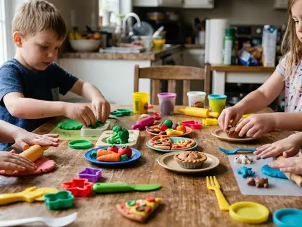 Fotorealistische Aufnahme von Knetset am Kuechentisch zum Thema Play-Doh Küchenmaschinen-Set Knete, natuerliches Licht - Foto: THN