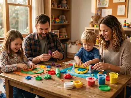 Fotorealistische Aufnahme von Knetset im Spielzimmer zum Thema Play-Doh Küchenmaschinen-Set Knete, warmes Abendlicht - Foto: THN