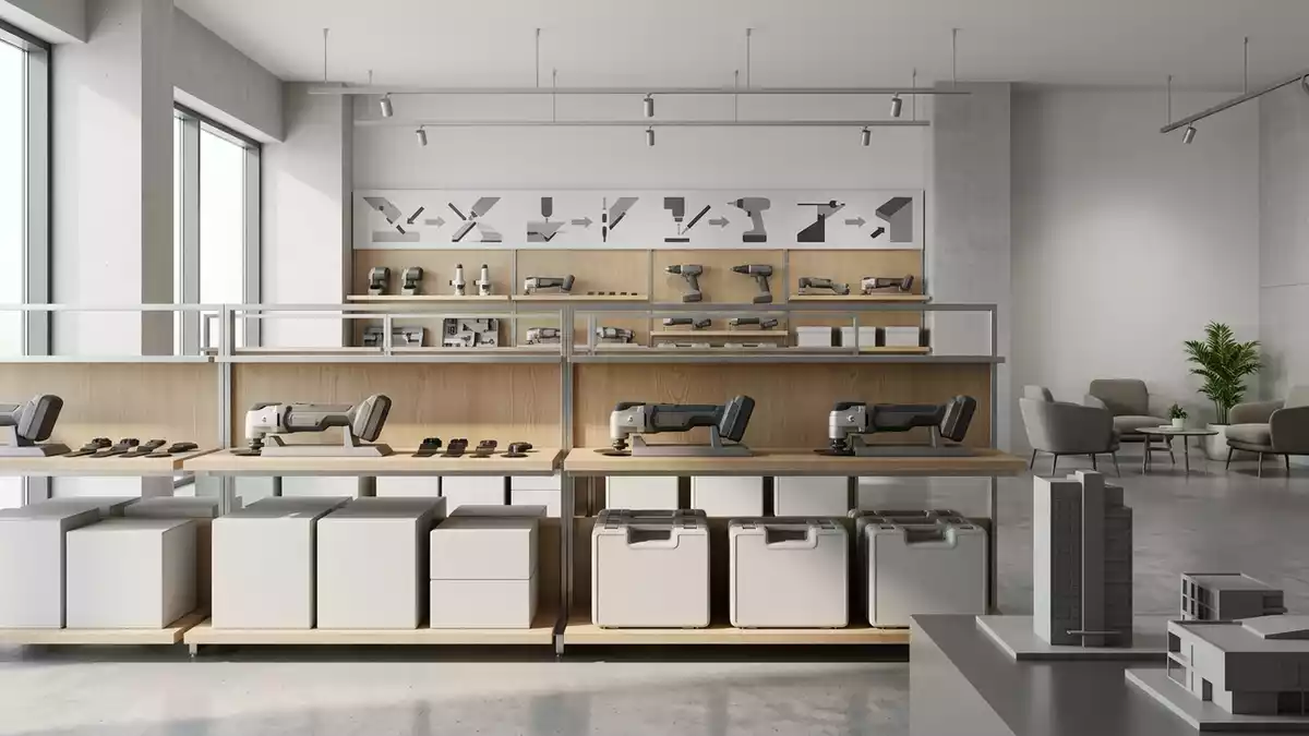 Architektur-Render im Werkzeugladen mit Akku Multifunktionswerkzeug im Ausstellungsbereich