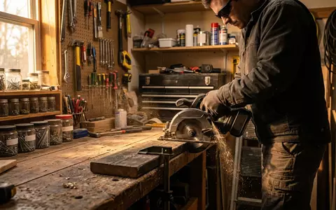Fotorealistische Aufnahme von Akku Kreissaege in der Werkstatt zum Thema DeWalt DCS391D2 18V XR - Foto: THN