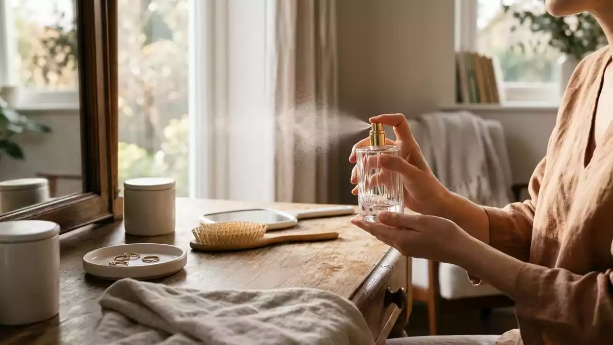 Fotorealistische Ansicht von Parfuem am Schminktisch in realer Umgebung, neutral