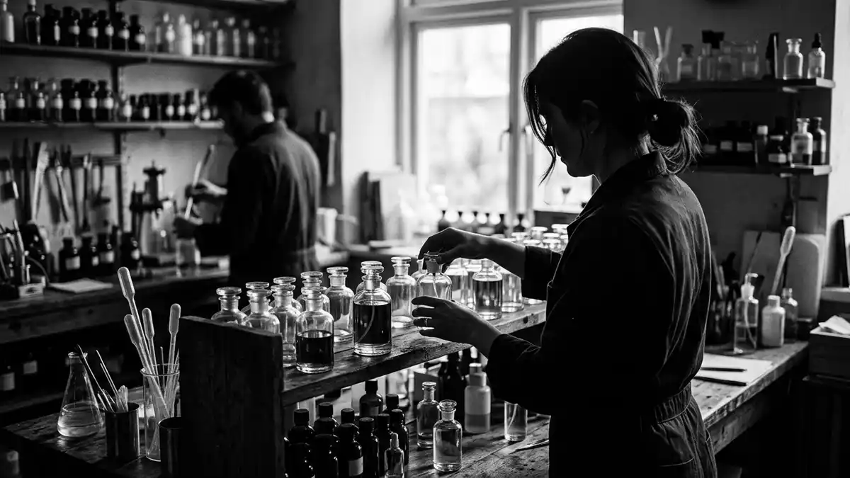 Schwarzweiss-Reportagebild mit Parfuem in dokumentarischer Arbeitsumgebung, neutral