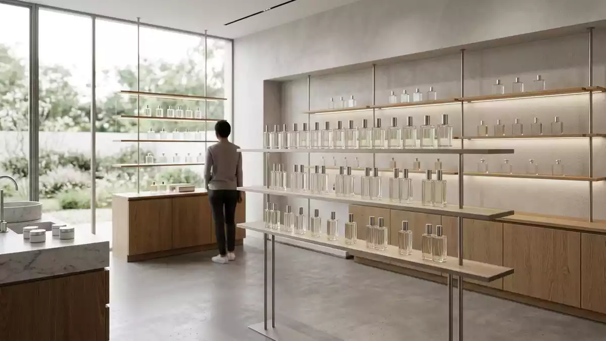 Architektur-Render im Parfuemerie mit Parfuem im Ausstellungsbereich, neutral