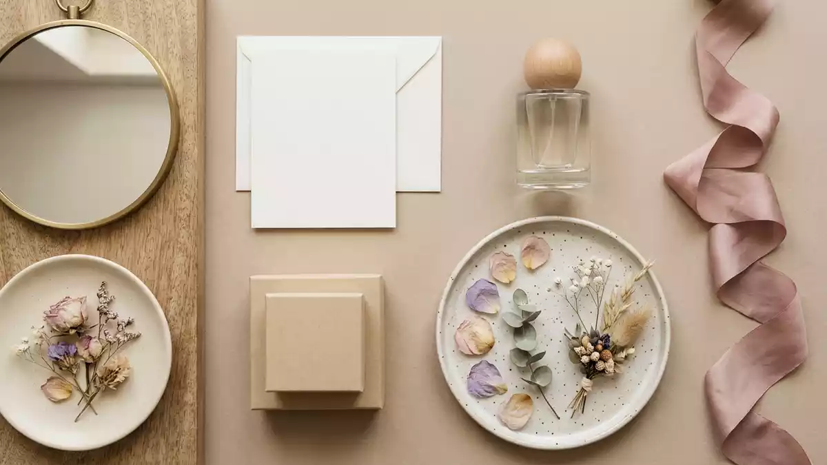 Flatlay-Arrangement rund um Parfuem mit passenden Requisiten von oben, neutral