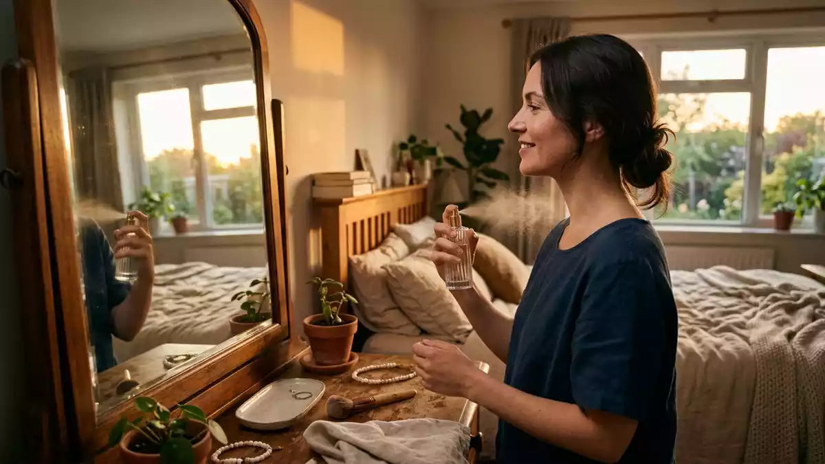 Fotorealistische Ansicht von Parfuem im Schlafzimmer in warmem Abendlicht, neutral