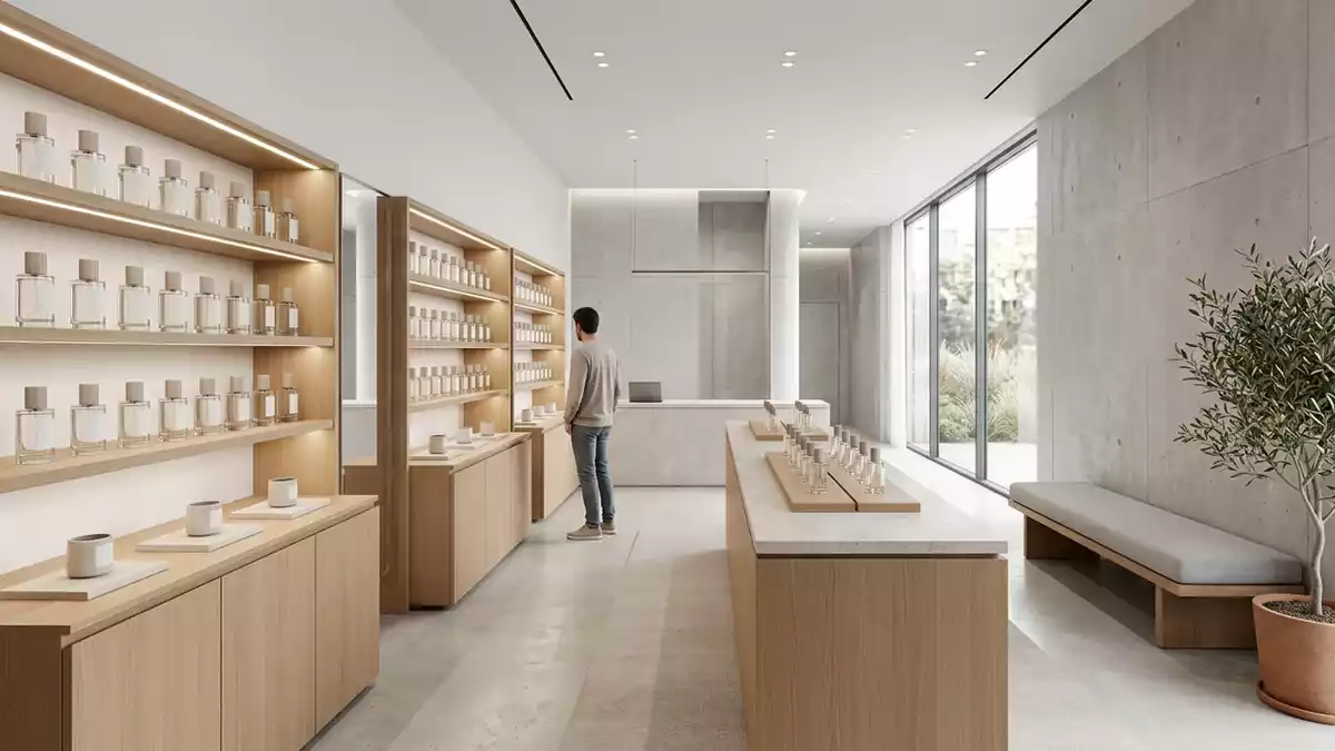Architektur-Render im Parfuemerie mit Parfuem im Ausstellungsbereich, neutral