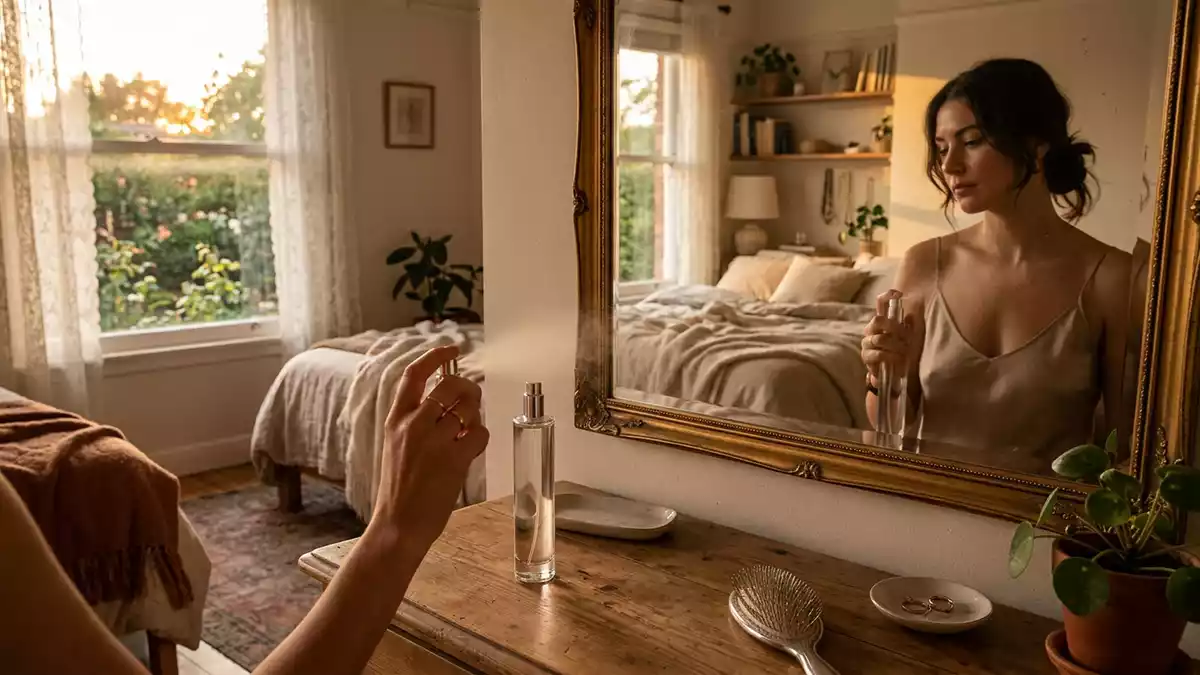 Fotorealistische Ansicht von Parfuem im Schlafzimmer in warmem Abendlicht, neutral