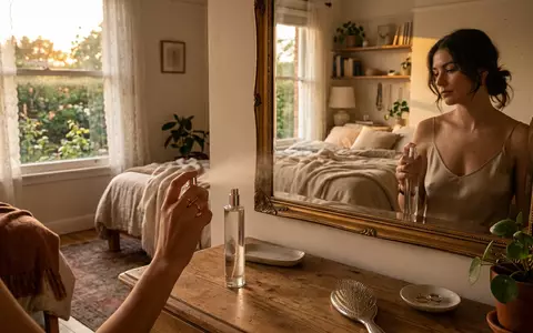 Fotorealistische Aufnahme von Parfuem im Schlafzimmer zum Thema Dior Miss Dior Blooming, warmes Abendlicht - Foto: THN