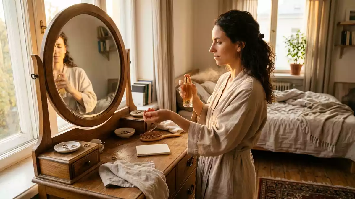 Fotorealistische Ansicht von Parfuem im Schlafzimmer in warmem Abendlicht, neutral