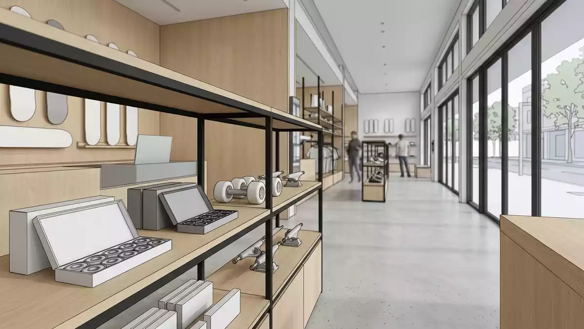 Architektur-Render im Skateboardgeschaeft mit Skateboard Kugellager im Ausstellungsbereich