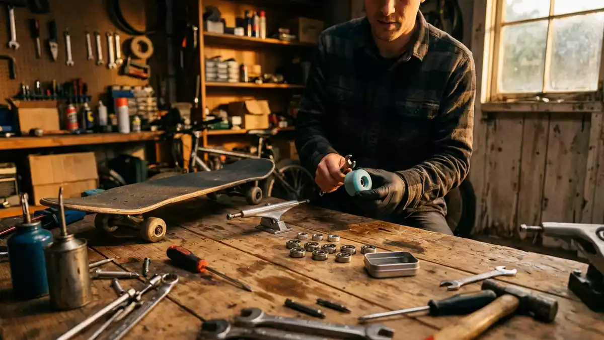 Fotorealistische Ansicht von Skateboard Kugellager in der Garage in warmem Abendlicht