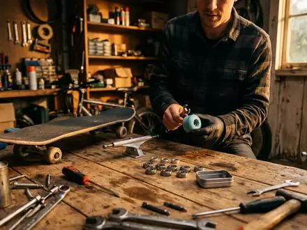 Fotorealistische Aufnahme von Skateboard Kugellager in der Garage zum Thema Bones Reds Skateboard Kugellager - Foto: THN