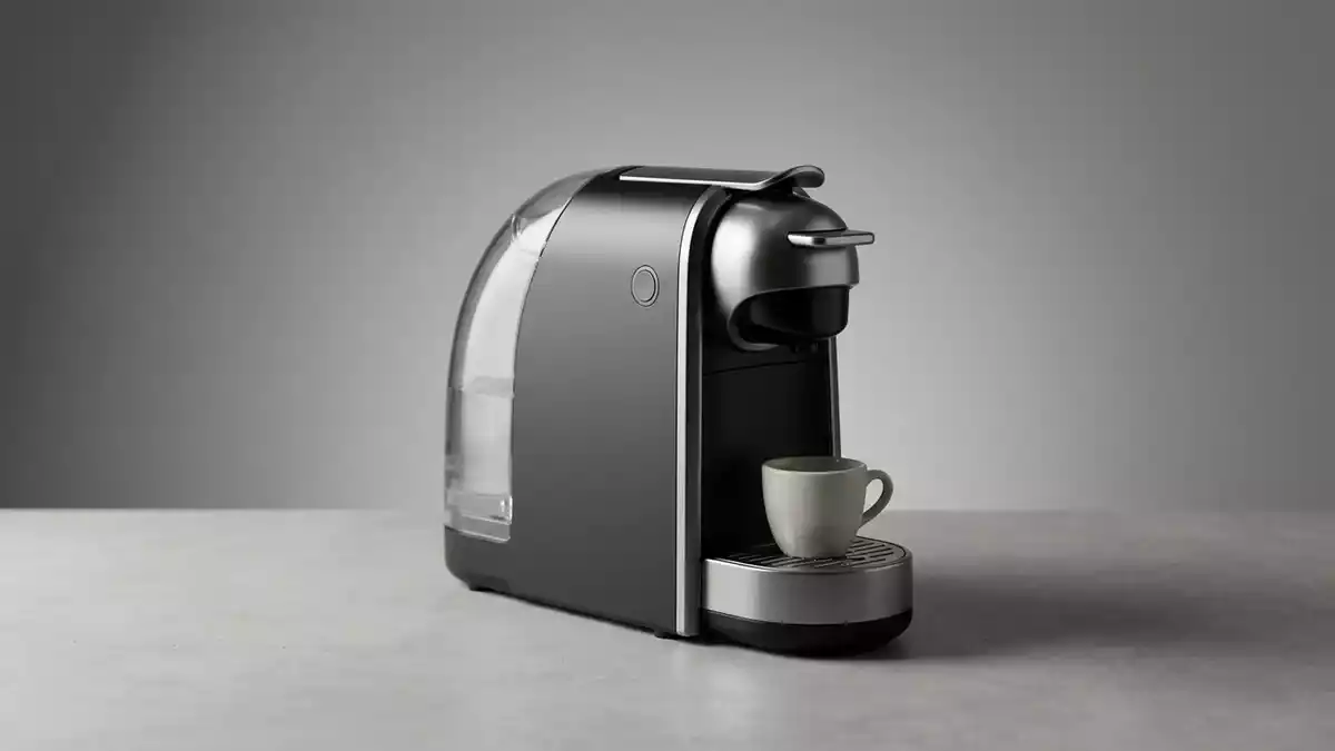 Fotorealistische Studioansicht von Kapselkaffeemaschine in neutraler Produktdarstellung
