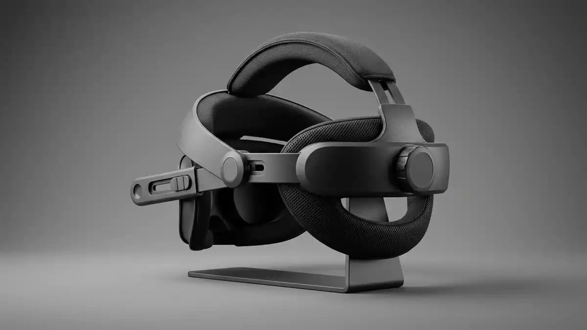 Fotorealistische Studioansicht von Kopfband fuer Virtual Headset in neutraler