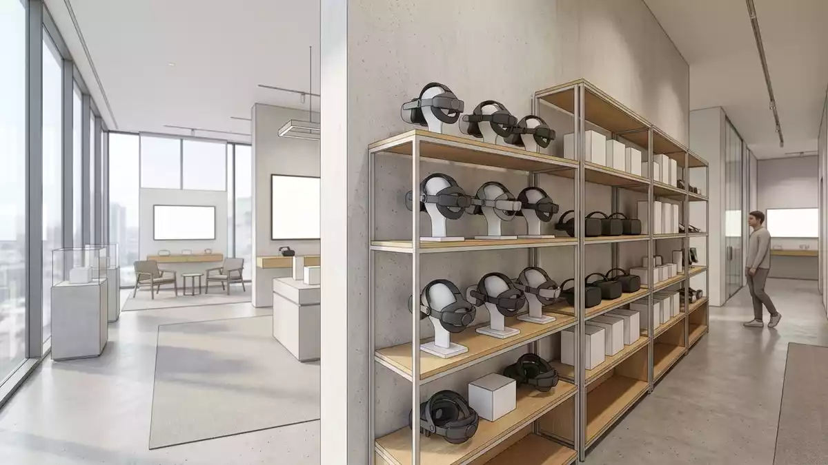 Architektur-Render im Spielelektronikgeschaeft mit Kopfband fuer Virtual Headset