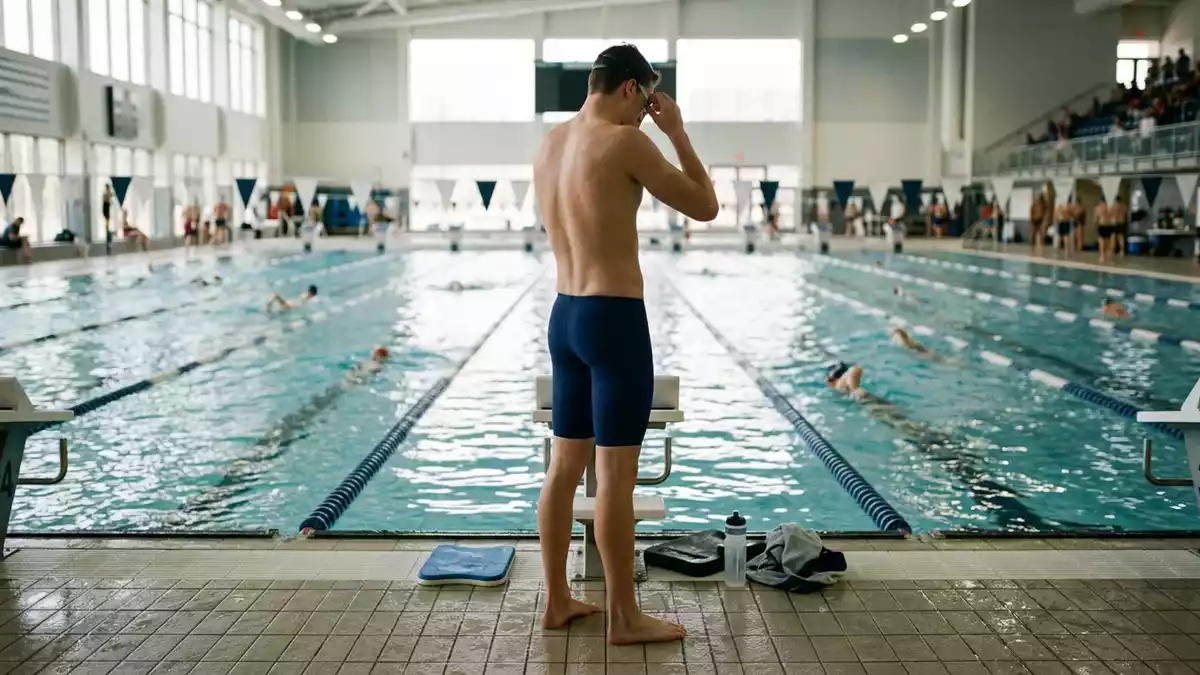 Fotorealistische Ansicht von Schwimmhose im Hallenbad in realer Umgebung, neutral
