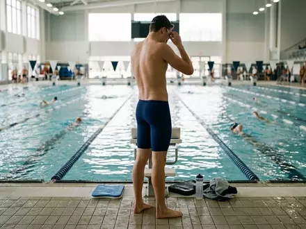 Fotorealistische Aufnahme von Schwimmhose im Hallenbad zum Thema BlueSeventy Herren Sprint Jammer, natuerliches Licht - Foto: THN