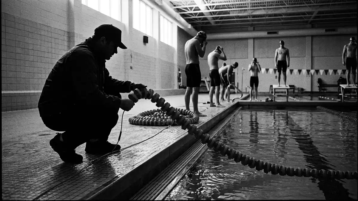 Schwarzweiss-Reportagebild mit Schwimmhose in dokumentarischer Arbeitsumgebung