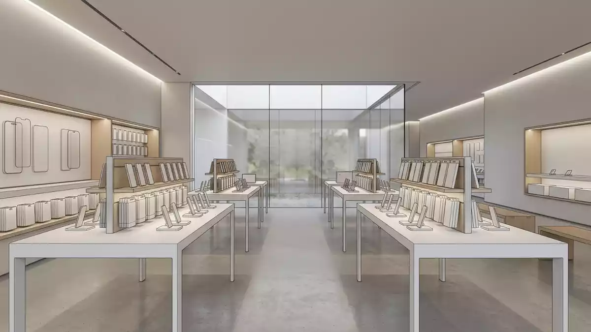 Architektur-Render im Elektronikfachgeschaeft mit Displayschutzglas im Ausstellungsbereich