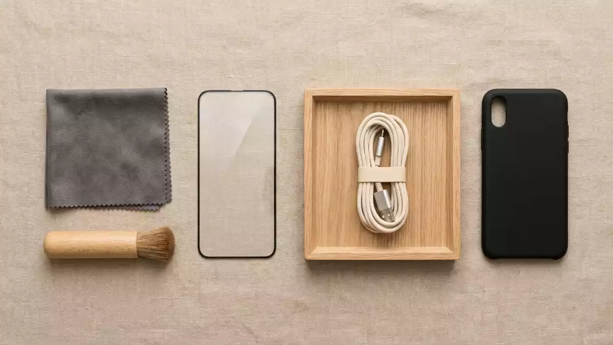 Flatlay-Arrangement rund um Displayschutzglas mit passenden Requisiten von oben