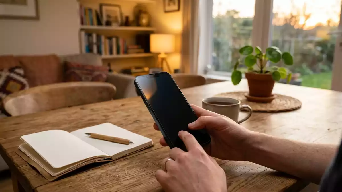 Fotorealistische Ansicht von Displayschutzglas beim Heimsetup in warmem Abendlicht