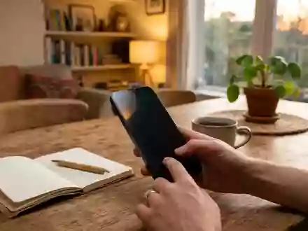 Fotorealistische Aufnahme von Displayschutzglas beim Heimsetup zum Thema amFilm Panzerglas Samsung Galaxy, warmes Abendlicht - Foto: THN