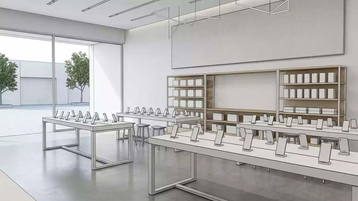 Architektur-Render im Elektronikfachgeschaeft mit Displayschutzglas im Ausstellungsbereich