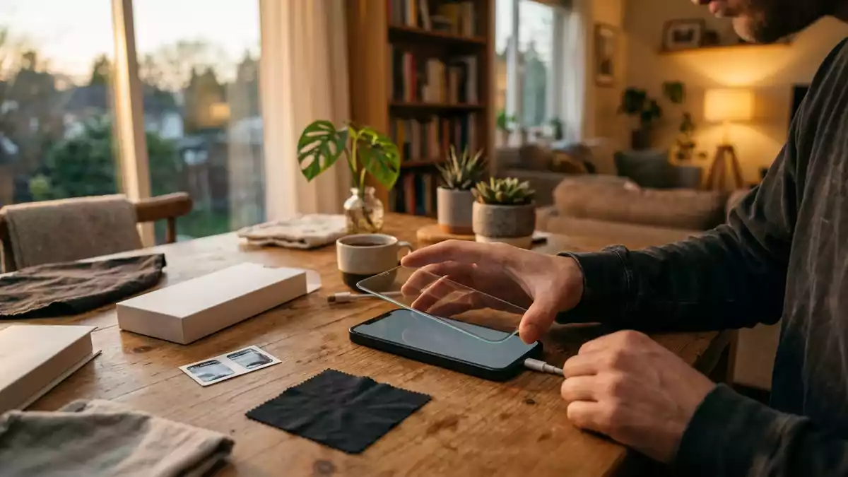 Fotorealistische Ansicht von Displayschutzglas beim Heimsetup in warmem Abendlicht