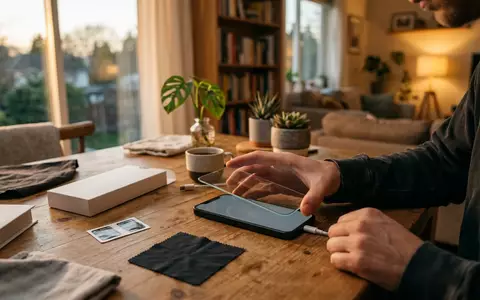 Fotorealistische Aufnahme von Displayschutzglas beim Heimsetup zum Thema amFilm OneTouch Panzerglas Samsung, warmes Abendlicht - Foto: THN