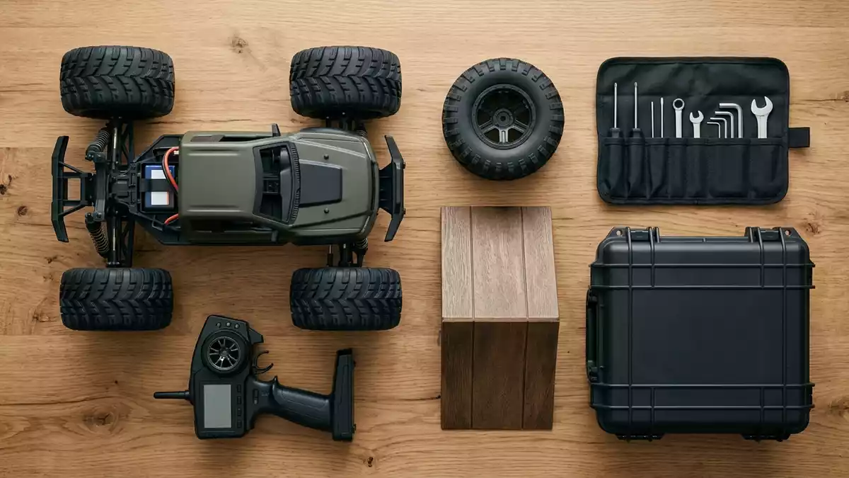 Flatlay-Arrangement rund um Ferngesteuerter Truck mit passenden Requisiten von oben