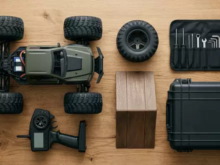Flatlay-Arrangement rund um Ferngesteuerter Truck zum Thema Amewi RC Truck Ferngesteuerter, weiches Oberlicht - Foto: THN