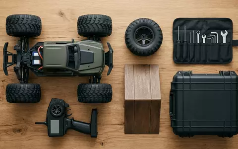 Flatlay-Arrangement rund um Ferngesteuerter Truck zum Thema Amewi RC Truck Ferngesteuerter, weiches Oberlicht - Foto: THN