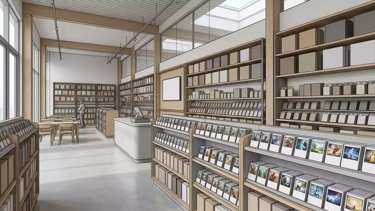 Architektur-Render im Spielefachgeschaeft mit Kartenspiel im Ausstellungsbereich