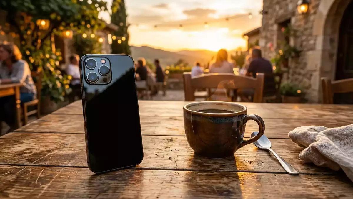 Fotorealistische Ansicht von Smartphone im Strassencafe in warmem Abendlicht, neutral