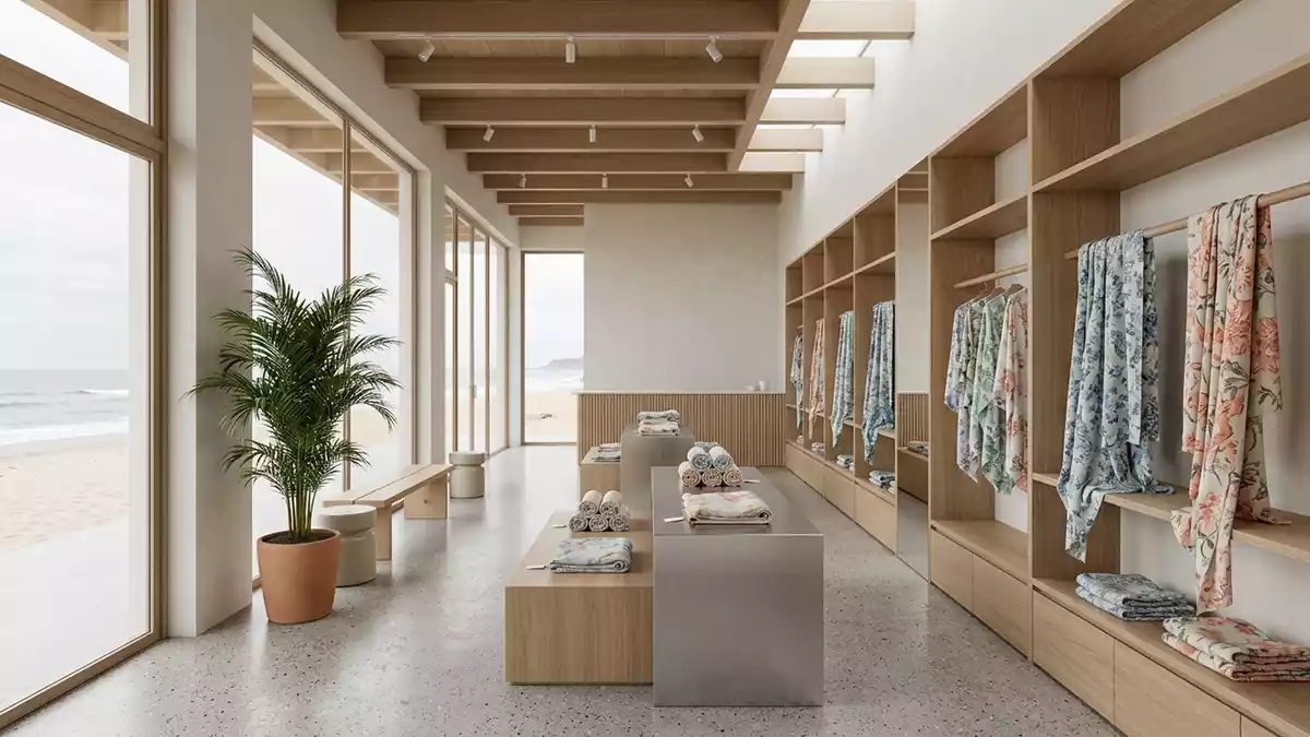 Architektur-Render im Strandmodegeschaeft mit Strandtuch im Ausstellungsbereich
