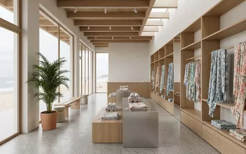 Architektur-Render im Strandmodegeschaeft mit Strandtuch zum Thema Sansha Damen Sarong Pareo, neutrales Tageslicht - Foto: THN