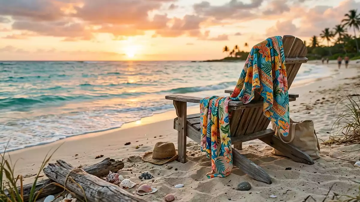 Fotorealistische Ansicht von Strandtuch am Strand in warmem Abendlicht, neutral