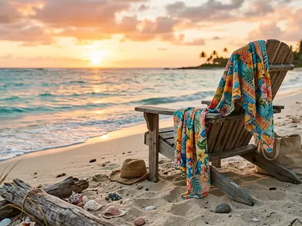 Fotorealistische Aufnahme von Strandtuch am Strand zum Thema Sansha Damen Sarong Pareo, warmes Abendlicht - Foto: THN
