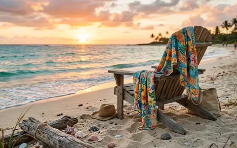 Fotorealistische Aufnahme von Strandtuch am Strand zum Thema Sansha Damen Sarong Pareo, warmes Abendlicht - Foto: THN