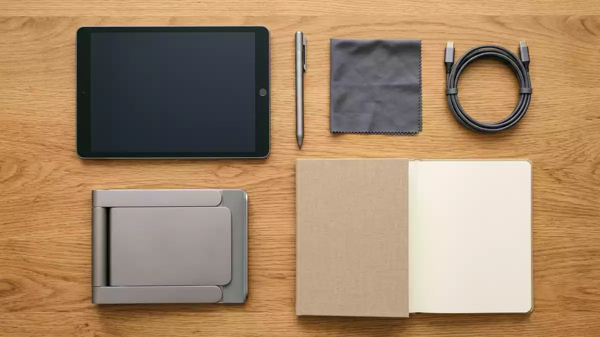 Flatlay-Arrangement rund um Tablet mit passenden Requisiten von oben, neutral