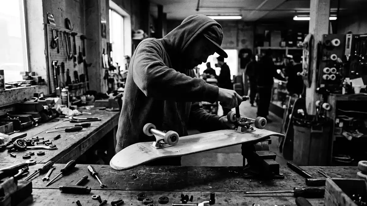 Schwarzweiss-Reportagebild mit Skateboard in dokumentarischer Arbeitsumgebung, neutral