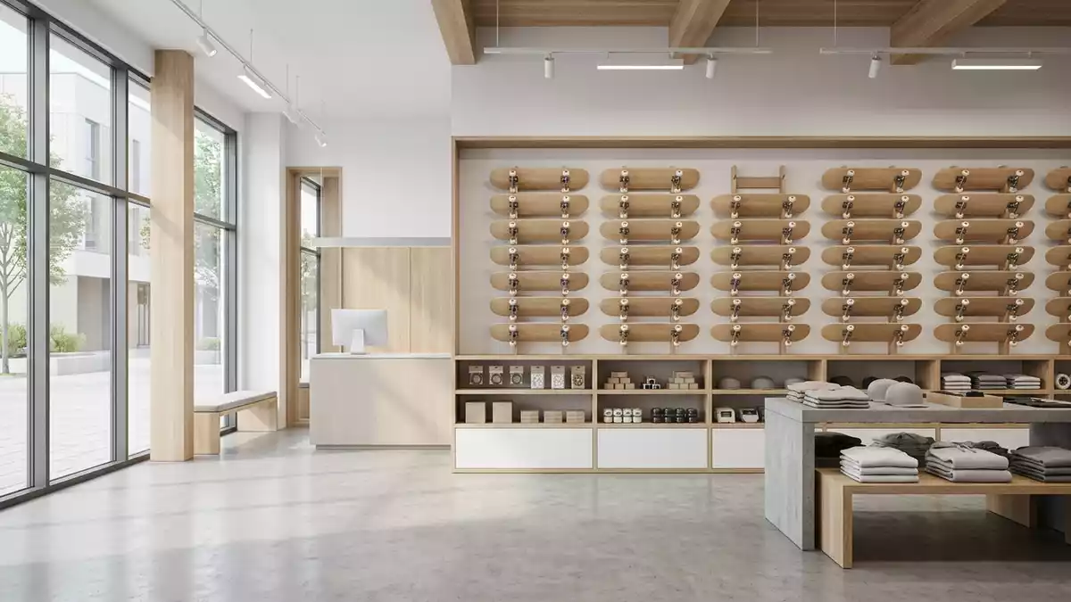 Architektur-Render im Skateshop mit Skateboard im Ausstellungsbereich, neutral