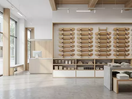 Architektur-Render im Skateshop mit Skateboard zum Thema Santa Cruz Screaming Hand, neutrales Tageslicht - Foto: THN