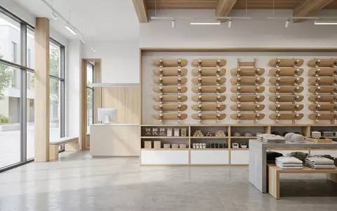 Architektur-Render im Skateshop mit Skateboard zum Thema Santa Cruz Screaming Hand, neutrales Tageslicht - Foto: THN