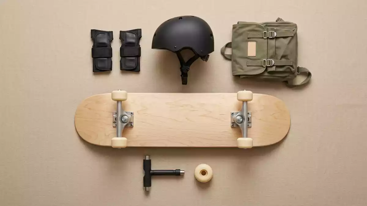 Flatlay-Arrangement rund um Skateboard mit passenden Requisiten von oben, neutral