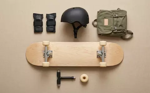 Flatlay-Arrangement rund um Skateboard zum Thema Santa Cruz Screaming Hand, weiches Oberlicht - Foto: THN
